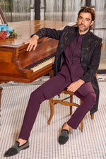 Black and purple art silk royal indo western jacket For Men