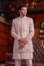 Onion Pink Art Silk Resham Work Indo Western Jacket For Men