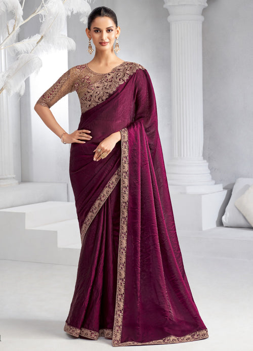 Wine Maroon Tissue Resham Thread Shimmer Saree with Embroidered Blouse