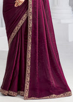 Wine Maroon Tissue Resham Thread Shimmer Saree with Embroidered Blouse