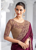 Wine Maroon Tissue Resham Thread Shimmer Saree with Embroidered Blouse