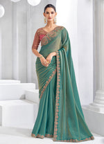 Teal Mint Moss chiffon Saree with Embroidered Blouse