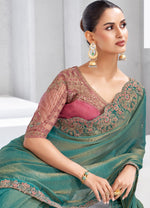 Teal Mint Moss chiffon Saree with Embroidered Blouse