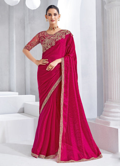 Ruby Red Tissue Embroidered Shimmer Saree with Embroidered Blouse
