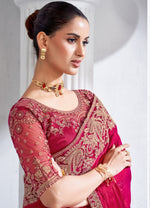 Ruby Red Tissue Embroidered Shimmer Saree with Embroidered Blouse