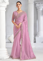 Lilac Pink with Embroidered Trim Organza Saree