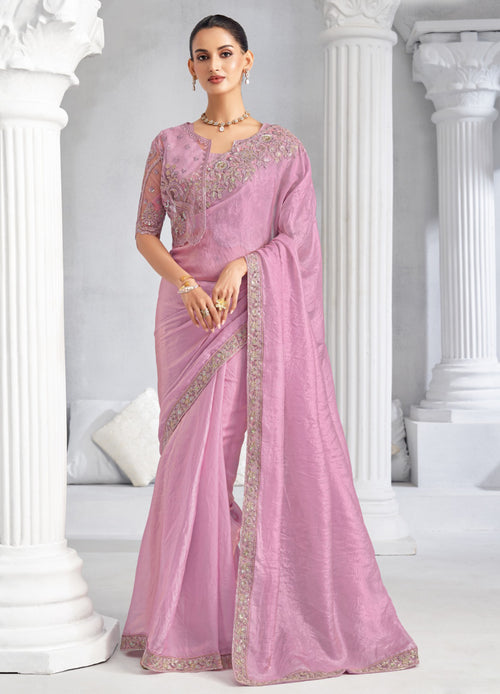Lilac Pink with Embroidered Trim Organza Saree