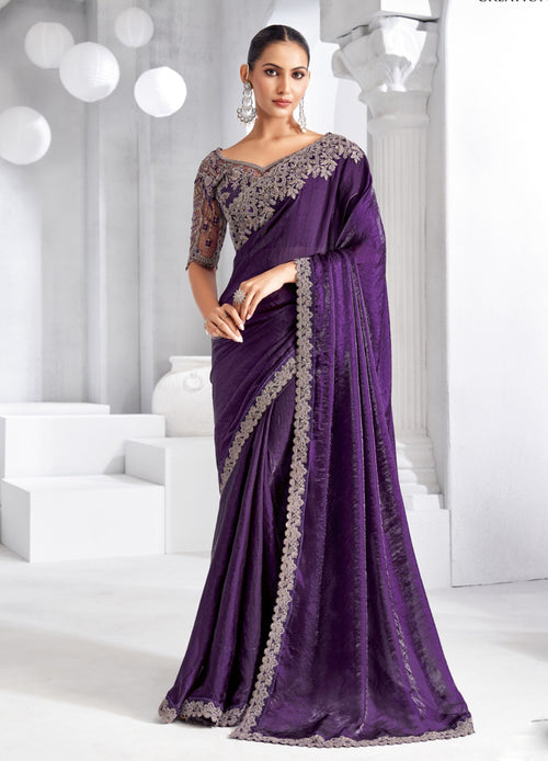 Purple Shimmer Tissue Saree With Zari Embroidered Blouse