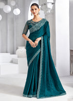 Teal Green Embroidered Shimmer Saree In Tissue