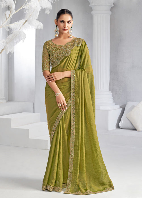 Lime Green Moss Chiffon Two Tone Saree with Embroidered Blouse
