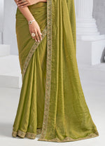 Lime Green Moss Chiffon Two Tone Saree with Embroidered Blouse