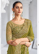 Lime Green Moss Chiffon Two Tone Saree with Embroidered Blouse