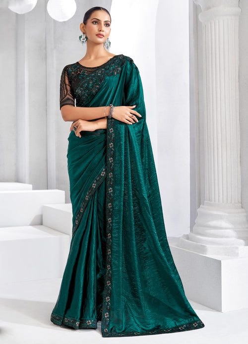 Teal Gree Embroidered Trim Organza Saree