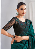 Teal Gree Embroidered Trim Organza Saree