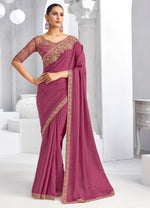 Onion Pink Sparkle Crape Saree with Embroidered Blouse