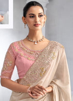 Off White Embroidered Trim Crepe Saree