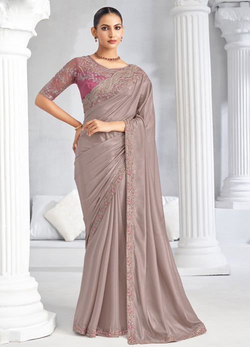 Dusty Grey Trim Crepe Saree with Embroidered Blouse