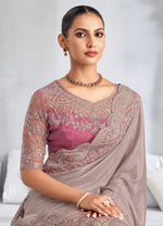 Dusty Grey Trim Crepe Saree with Embroidered Blouse