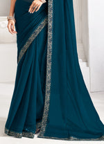 Teal Blue Trim Chiffon Saree with Embroidered Blouse