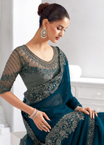 Teal Blue Trim Chiffon Saree with Embroidered Blouse