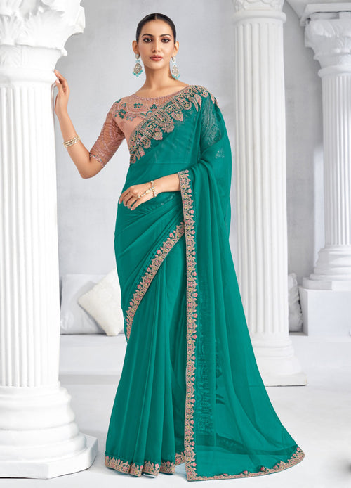 Rama Green Embroidered Trim Chiffon Saree