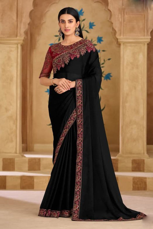 Black Georgette Saree with Shimmering Sequin and Thread Embroidery