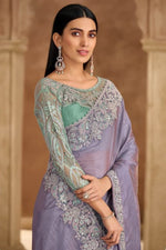 Lavender Chiffon Contemporary Saree with Patch Border and Embroidered Work
