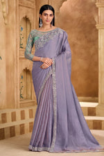 Lavender Chiffon Contemporary Saree with Patch Border and Embroidered Work