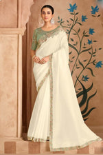 Off White Festive Wear Satin Chiffon Lace Border Work Designer Saree