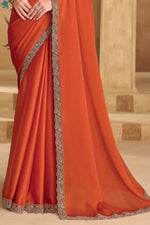 Rust Orange Satin Saree With Antique Embroidery