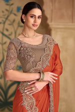 Rust Orange Satin Saree With Antique Embroidery
