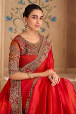 Red Festive Wear Lace Border Work Chiffon Designer Saree