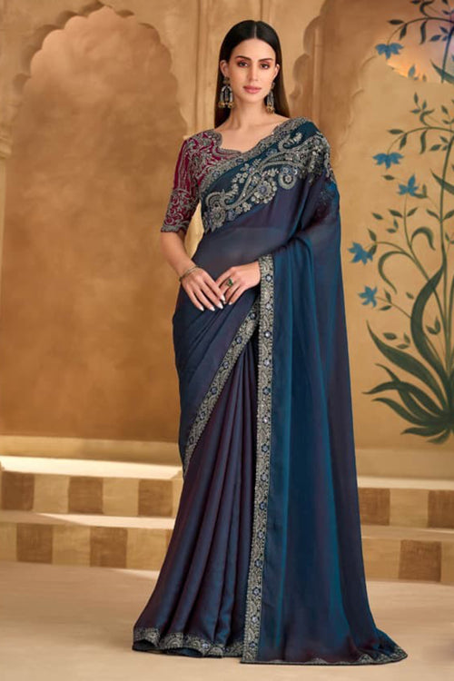 Dual Tone Blue Georgette Saree With Embellished Border