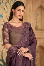 Lace Border Work Satin Chiffon Wine Designer Saree For Festive Wear
