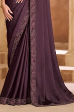 Lace Border Work Satin Chiffon Wine Designer Saree For Festive Wear