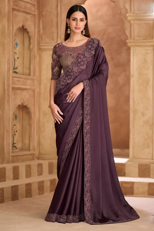 Lace Border Work Satin Chiffon Wine Designer Saree For Festive Wear