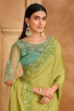 Lime Green Chiffon Embroidery Saree