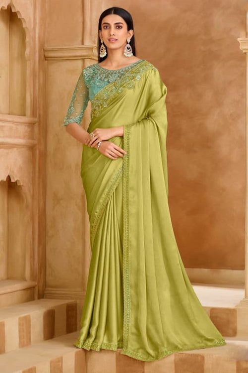 Lime Green Chiffon Embroidery Saree