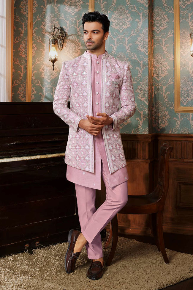 Light Pink Thread Embroidered Jacket Indowestern Set For Men