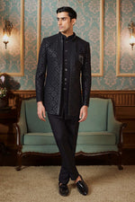 Black Imported Silk Indowestern Fusion Jacket Set For Mens