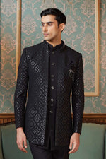 Black Imported Silk Indowestern Fusion Jacket Set For Mens