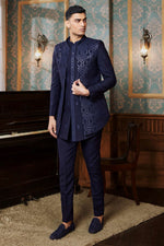 Navy Blue Thread Embroidered Indowestern Set With Jacket For Mens