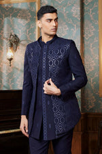 Navy Blue Thread Embroidered Indowestern Set With Jacket For Mens