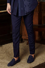 Navy Blue Thread Embroidered Indowestern Set With Jacket For Mens