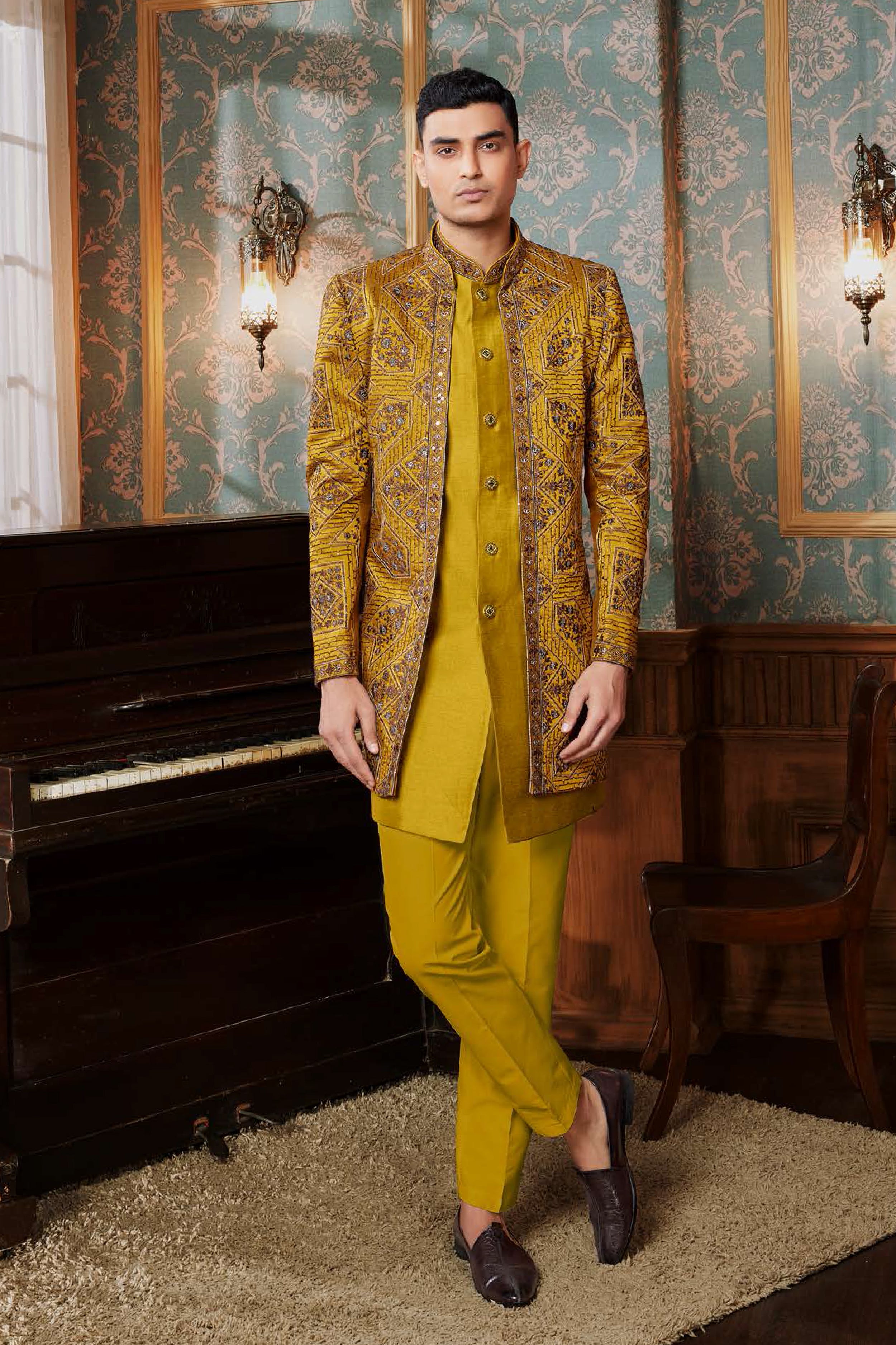 Mustard Yellow Wedding Wear Indowestern Set With Jacket For Mens paanericlothing Mustard Yellow Wedding Wear Indowestern Set With Jacket For Mens paanericlothing