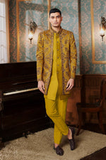 Mustard Yellow Wedding Wear Indowestern Set With Jacket For Mens