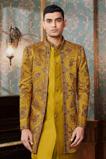 Mustard Yellow Wedding Wear Indowestern Set With Jacket For Mens