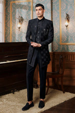 Elegant Black Embroidered Jacket Indowestern For Mens