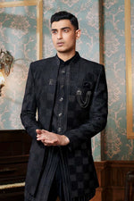 Elegant Black Embroidered Jacket Indowestern For Mens