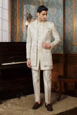 Cream Jacket Indowestern Embroidery Set With For Mens